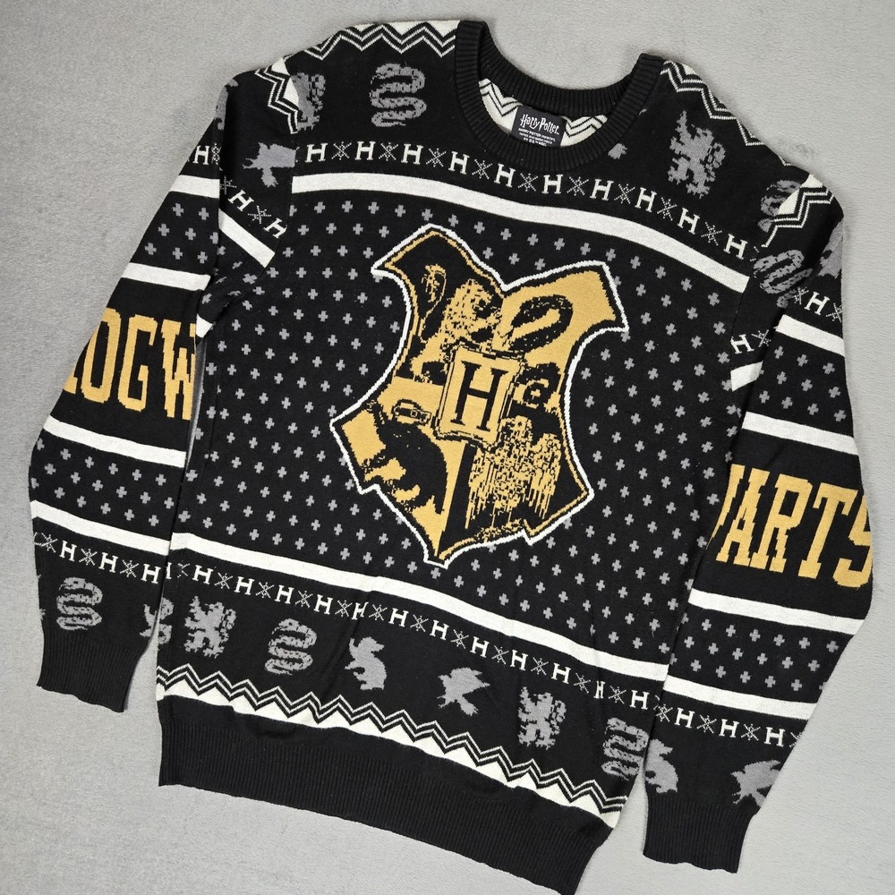 Harry Potter Sweater Mens Large Hogwarts House Crest Ugly Christmas Black *READ